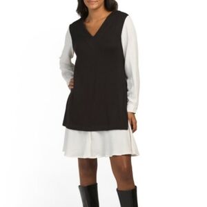 DKNY Women Sweatshirt Dress Long Sleeve Vneck SzS Gray/white